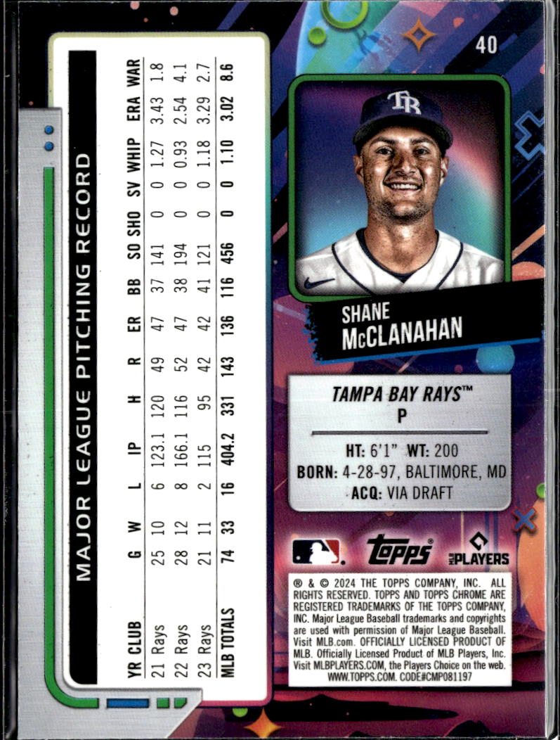 Shane McClanahan 2024 Topps Chrome Cosmic Green 74/75 Tampa Bay Rays
