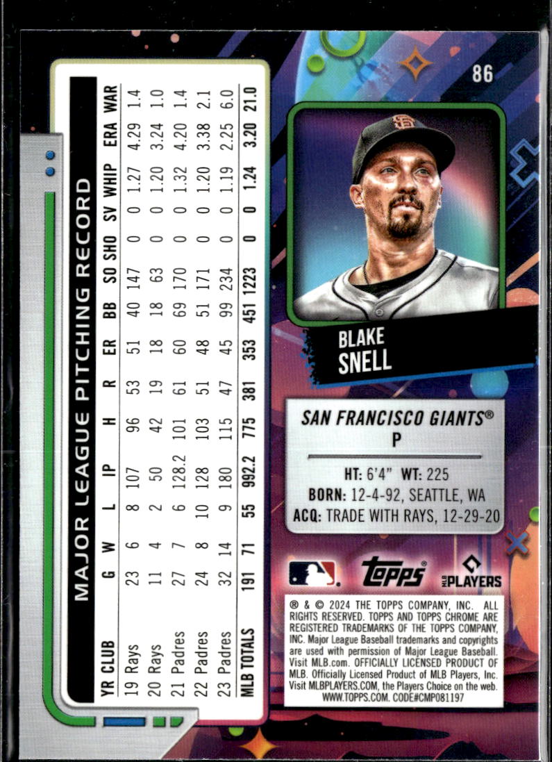 Blake Snell 2024 Topps Chrome Cosmic Purple /150 San Francisco Giants