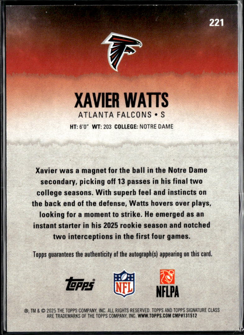 Xavier Watts 2025 Topps Signature Class Auto Autograph RC /225 Atlanta Falcons