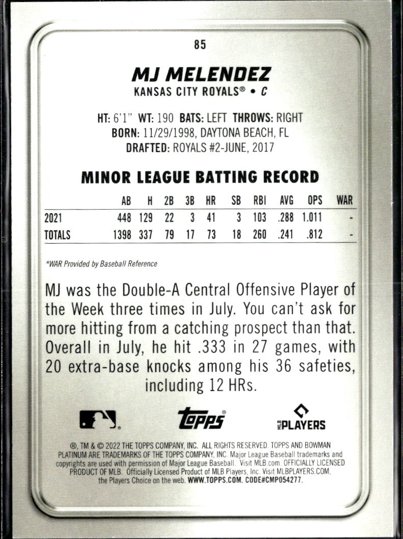 MJ Melendez 2022 Bowman Platinum RC Green /99 Kansas City Royals