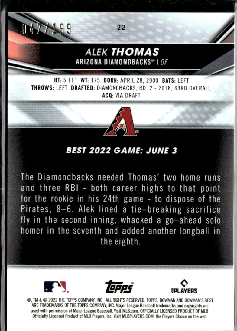Alek Thomas 2022 Bowman's Best Aqua Lava RC /199 Arizona Diamondbacks