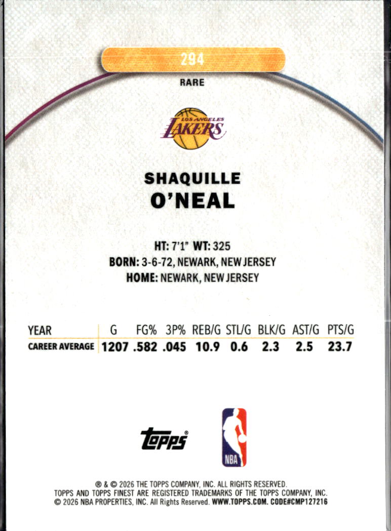 Shaquille O'Neal 2025 Topps Finest Rare Los Angeles Lakers