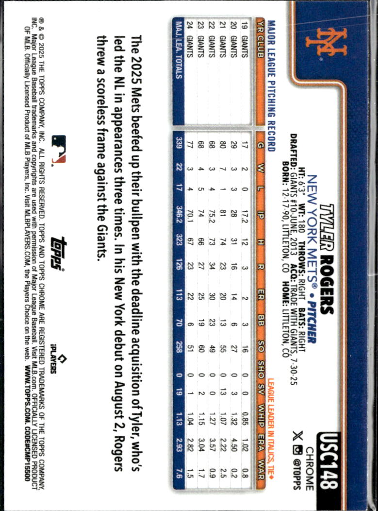 Tyler Rogers 2025 Topps Chrome Aqua Wave Refractor /199 New York Mets