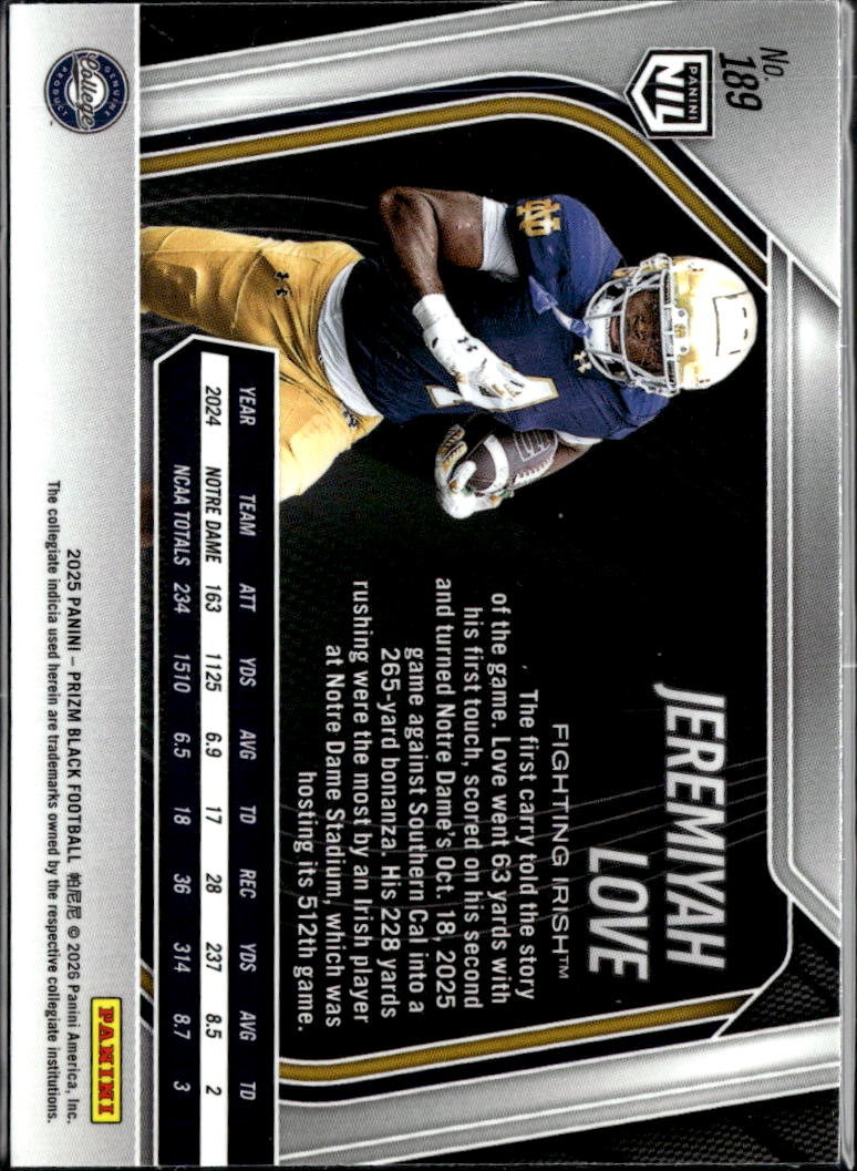 Jeremiyah Love 2025 Prizm Black Rookie RC Notre Dame Fighting Irish