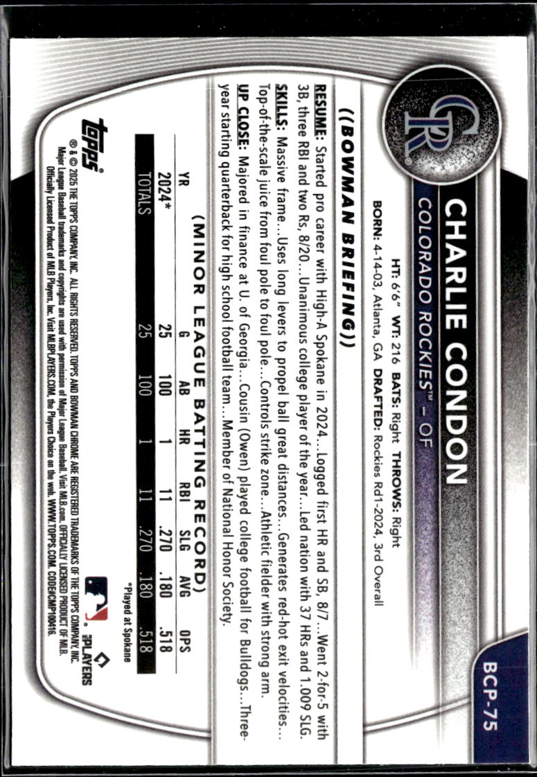 Charlie Condon 2025 Bowman Chrome 1st Rookie RC Colorado Rockies