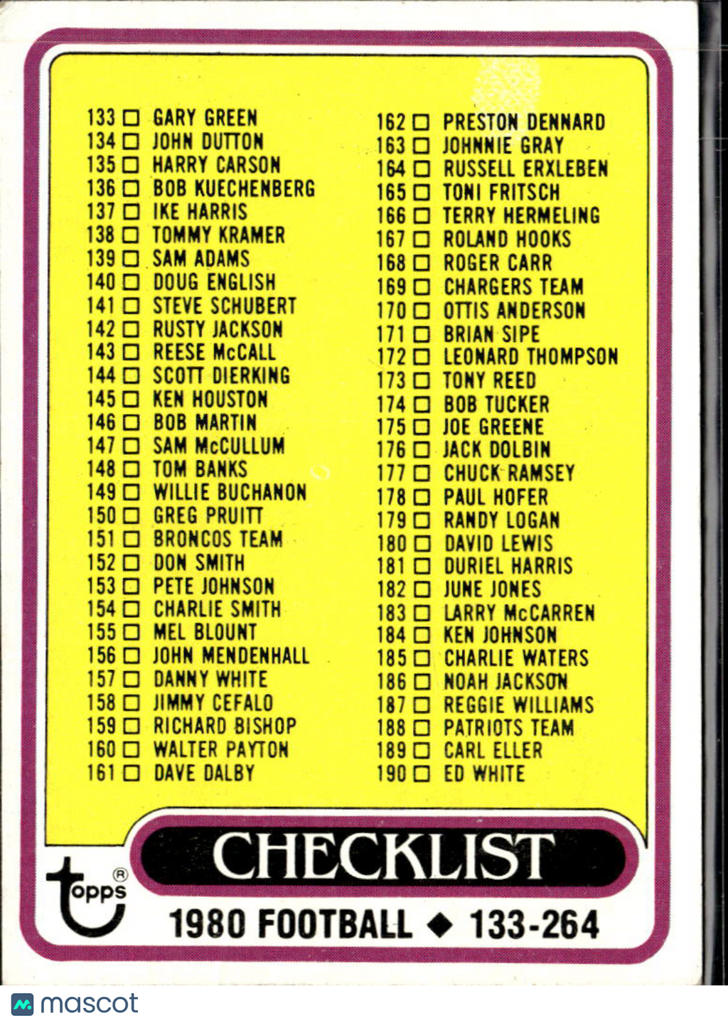 Walter Payton 1980 Topps Unused Checklist #246