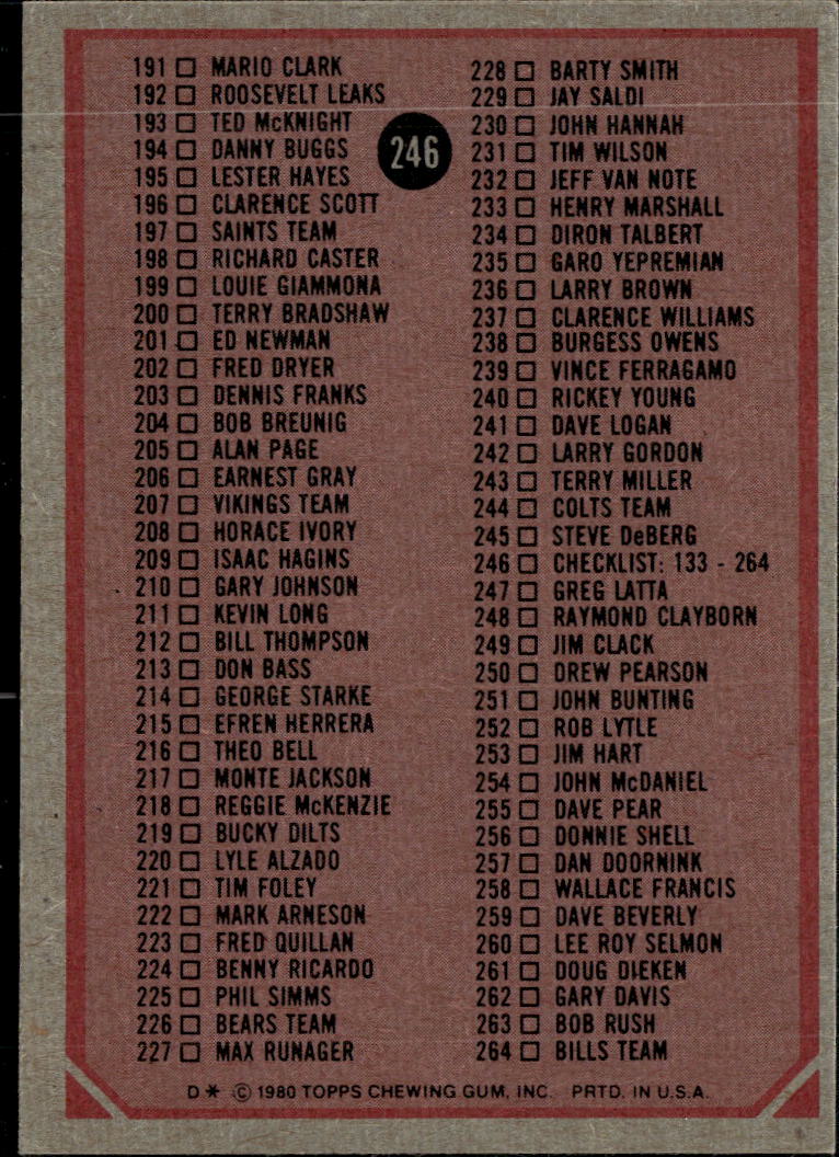 Walter Payton 1980 Topps Unused Checklist #246