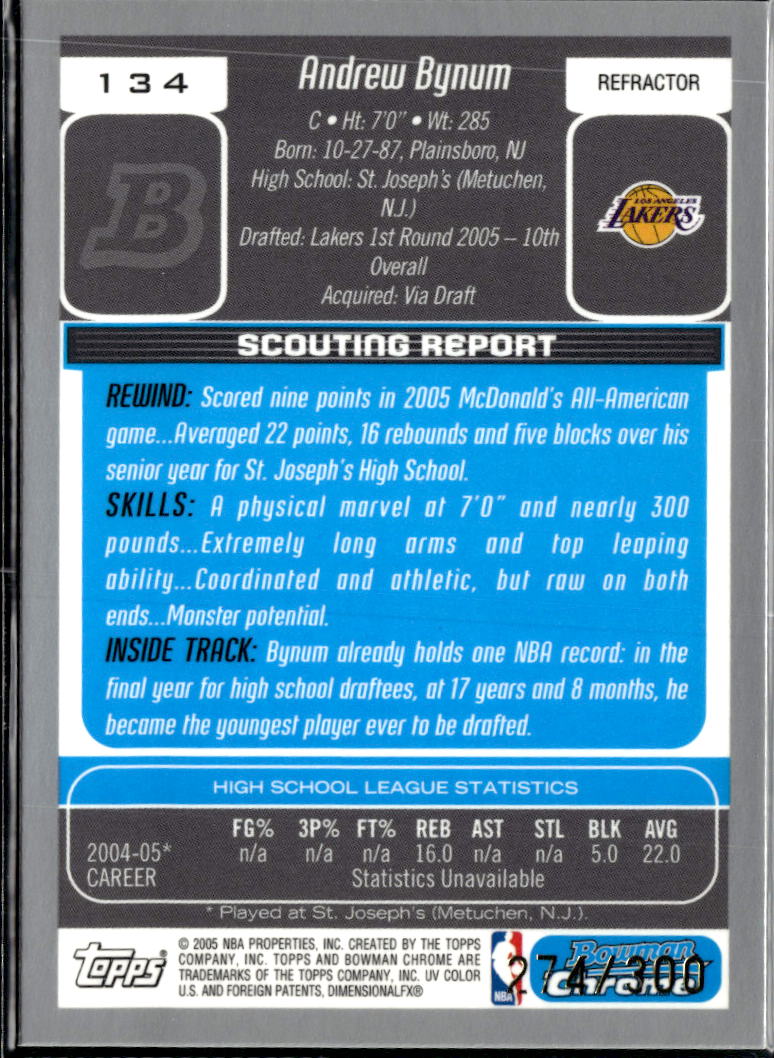 Andrew Bynum 2005 Bowman Chrome RC Refractor 274/300 Los Angeles Lakers