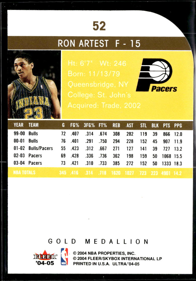 Ron Artest 2004-05 Fleer Ultra Gold Medallion Indiana Pacers