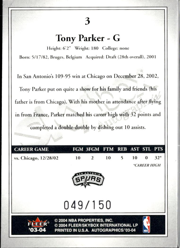 Tony Parker 2004 Fleer SkyBox Autographics 49/150 San Antonio Spurs