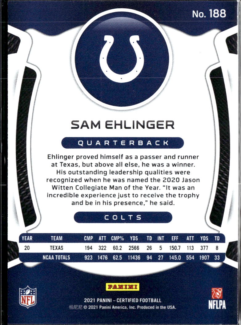 Sam Ehlinger 2021 Certified Mirror Blue Rookie RC 12/75 Indianapolis Colts