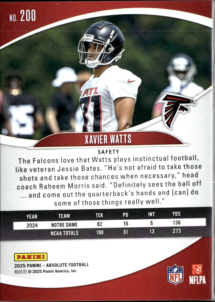 Xavier Watts 2025 Absolute Red White Blue SSP Atlanta Falcons