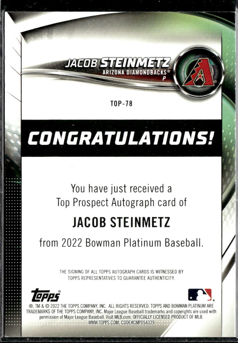 Jacob Steinmetz 2022 Bowman Platinum Auto Pink /199 Arizona Diamondbacks