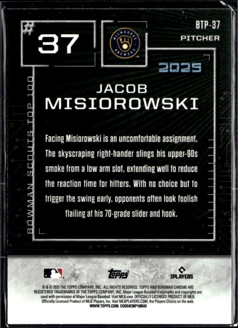 Jacob Misiorowski 2025 Bowman Chrome Scouts Top 100 Milwaukee Brewers