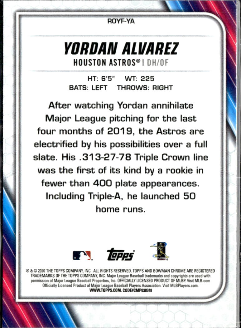 Yordan Alvarez 2020 Bowman Chrome Rookie of the Year Favorites RC Houston Astros