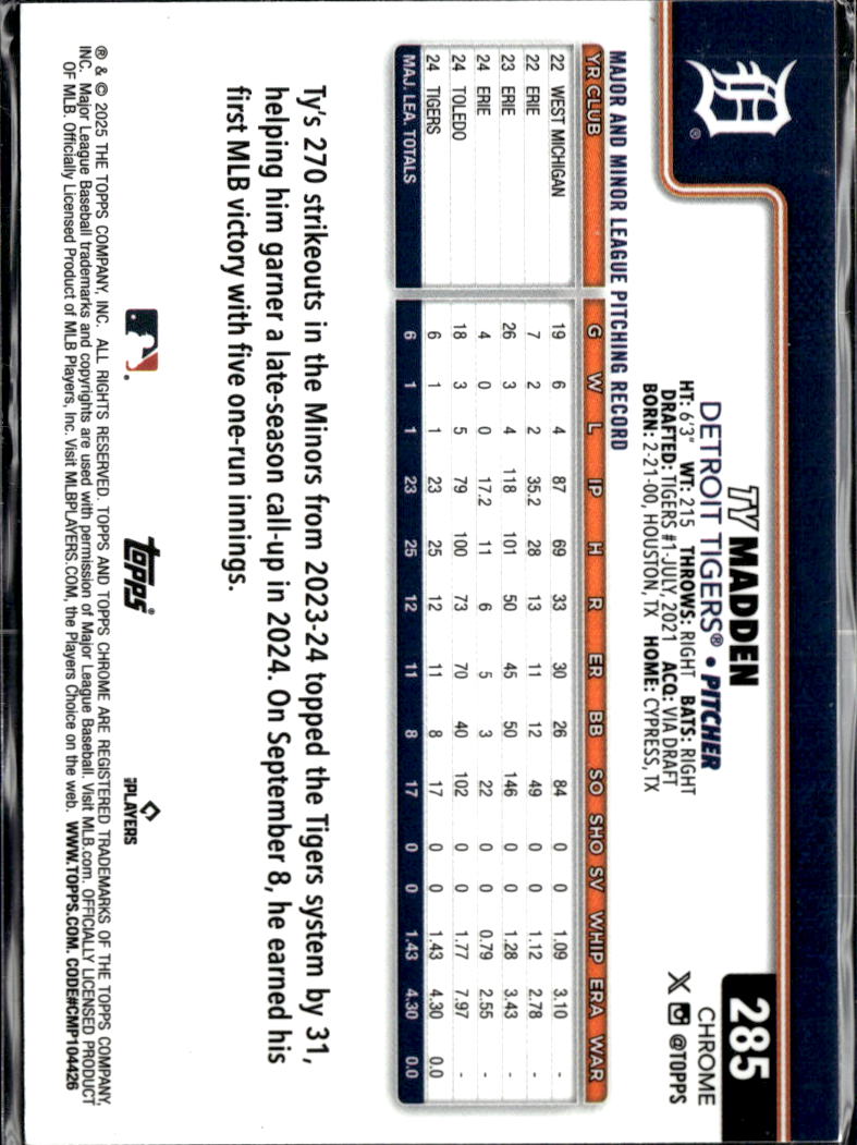 Ty Madden 2025 Topps Chrome RC Aqua Refractor /299 Detroit Tigers
