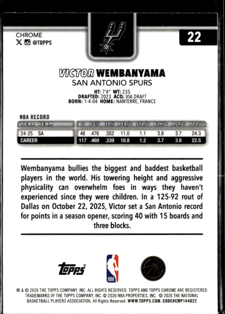 Victor Wembanyama 2026 Topps Chrome Refractor San Antonio Spurs