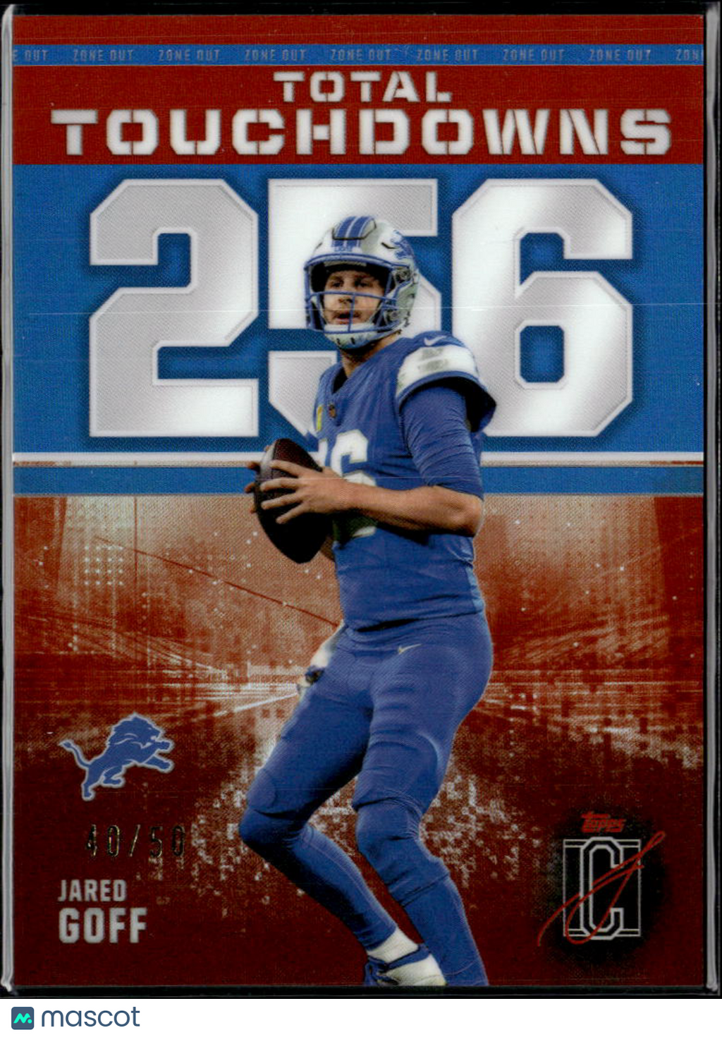 Jared Goff 2025 Topps Signature Class Orange Zone Out /50 Detroit Lions