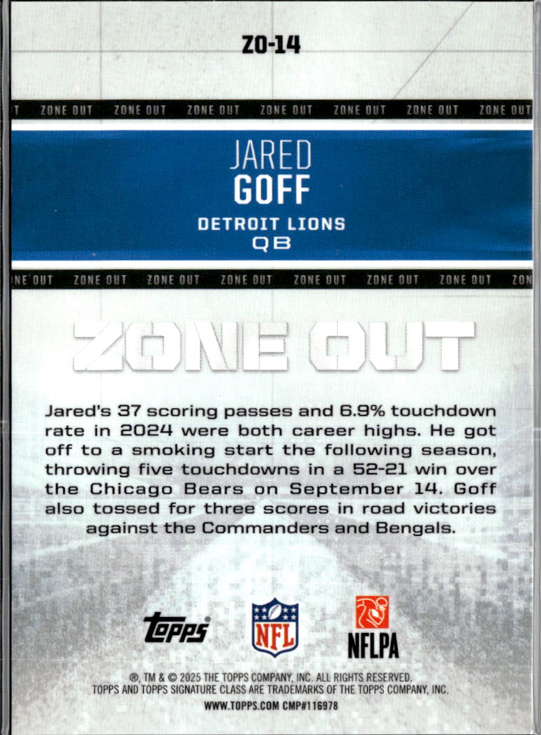Jared Goff 2025 Topps Signature Class Orange Zone Out /50 Detroit Lions