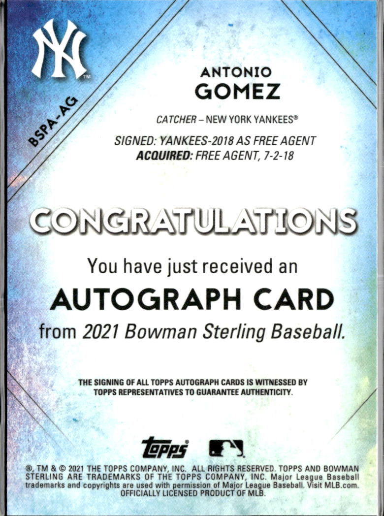 Antonio Gomez 2021 Bowman Sterling Auto Autograph 49/125 New York Yankees