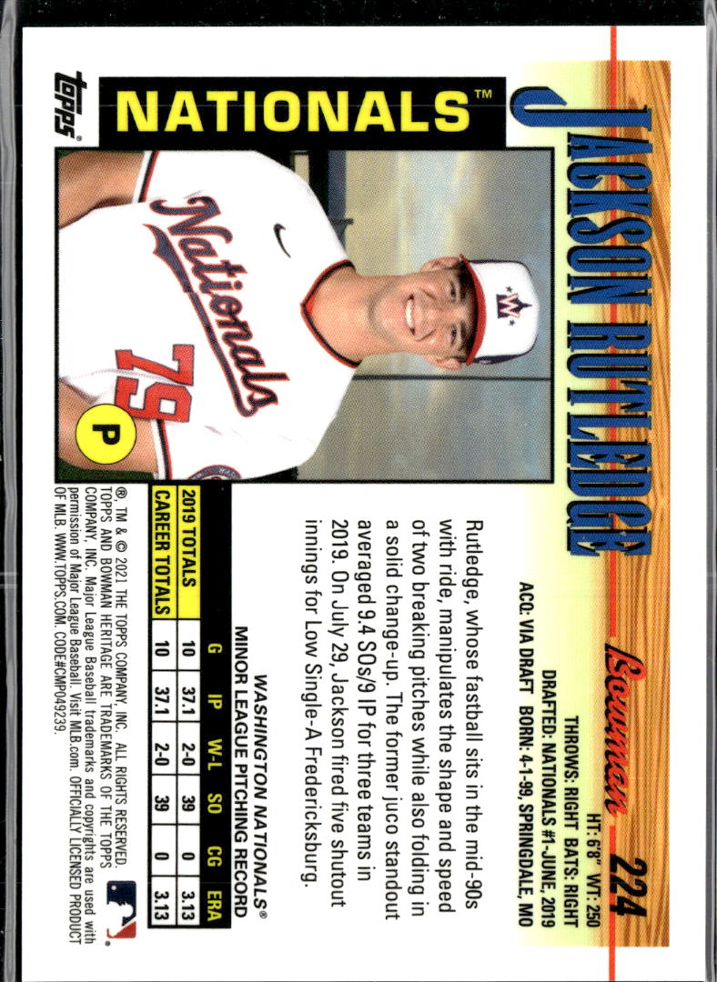 Jackson Rutledge 2021 Bowman Heritage Yellow /50 Washington Nationals