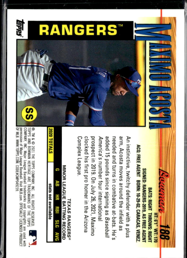 Maximo Acosta 2021 Bowman Heritage Yellow /75 Texas Rangers