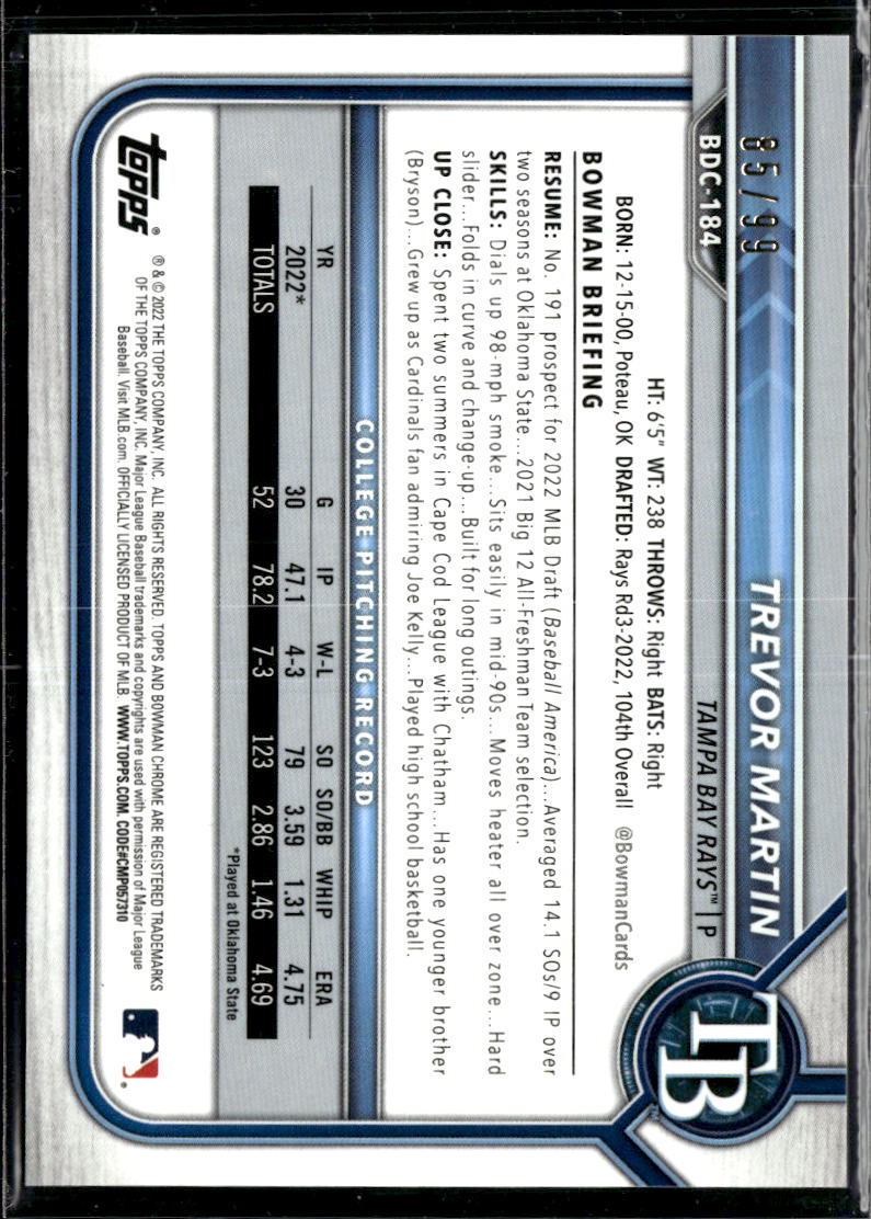 Trevor Martin 2022 Bowman Chrome 1st Green Refractor /99 Tampa Bay Rays