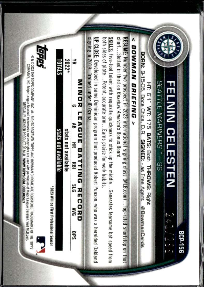 Felnin Celesten 2023 Bowman Chrome 1st Speckle Refractor /299 Seattle Mariners