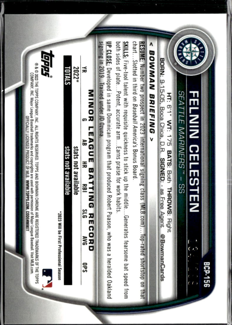 Felnin Celesten 2023 Bowman Chrome 1st Speckle Refractor /299 Seattle Mariners