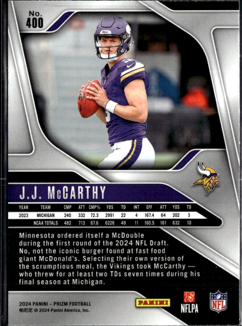 J.J. McCarthy 2024 Panini Prizm Rookie RC Minnesota Vikings