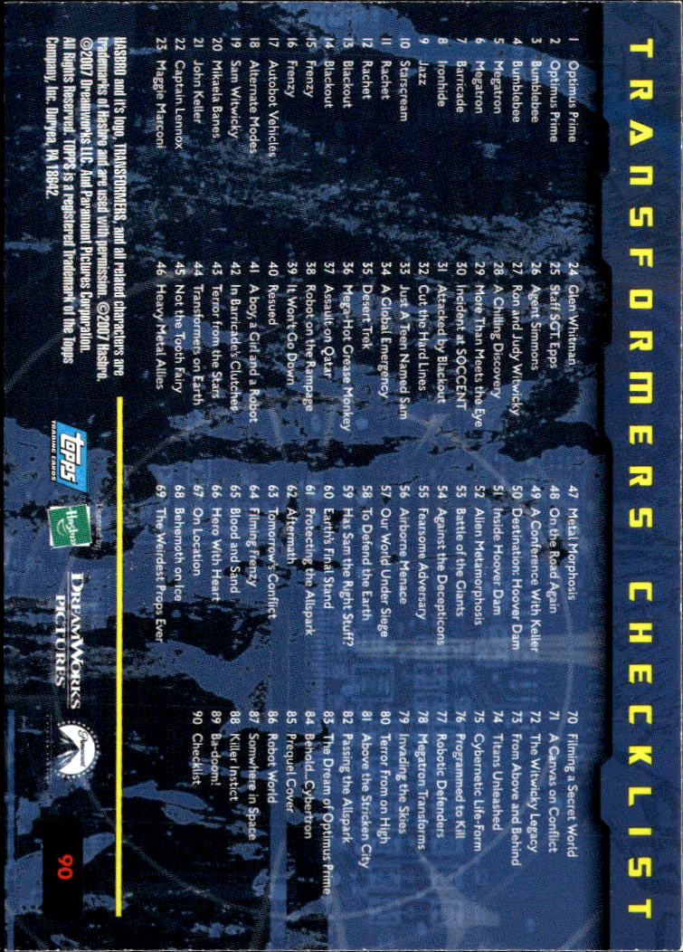 Optimus Prime 2007 Topps Transformers Movie Checklist #90