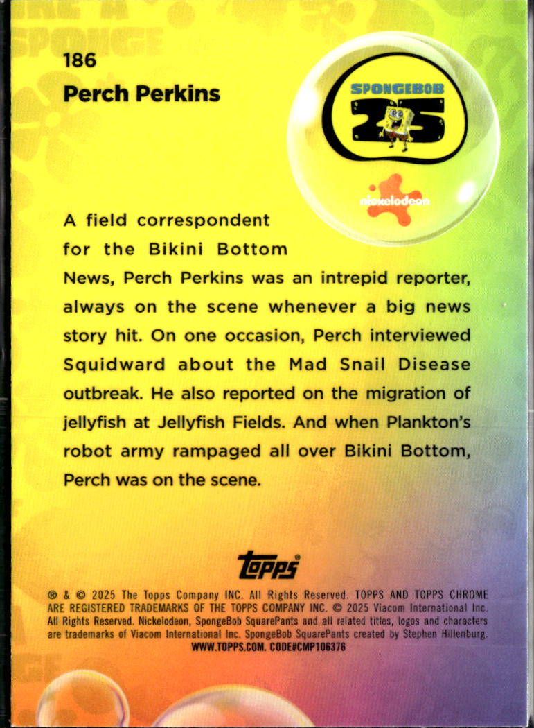Perch Perkins 2025 Topps Chrome SpongeBob SquarePants #186