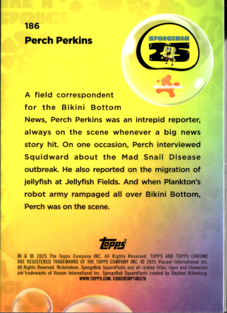 Perch Perkins 2025 Topps Chrome SpongeBob SquarePants #186