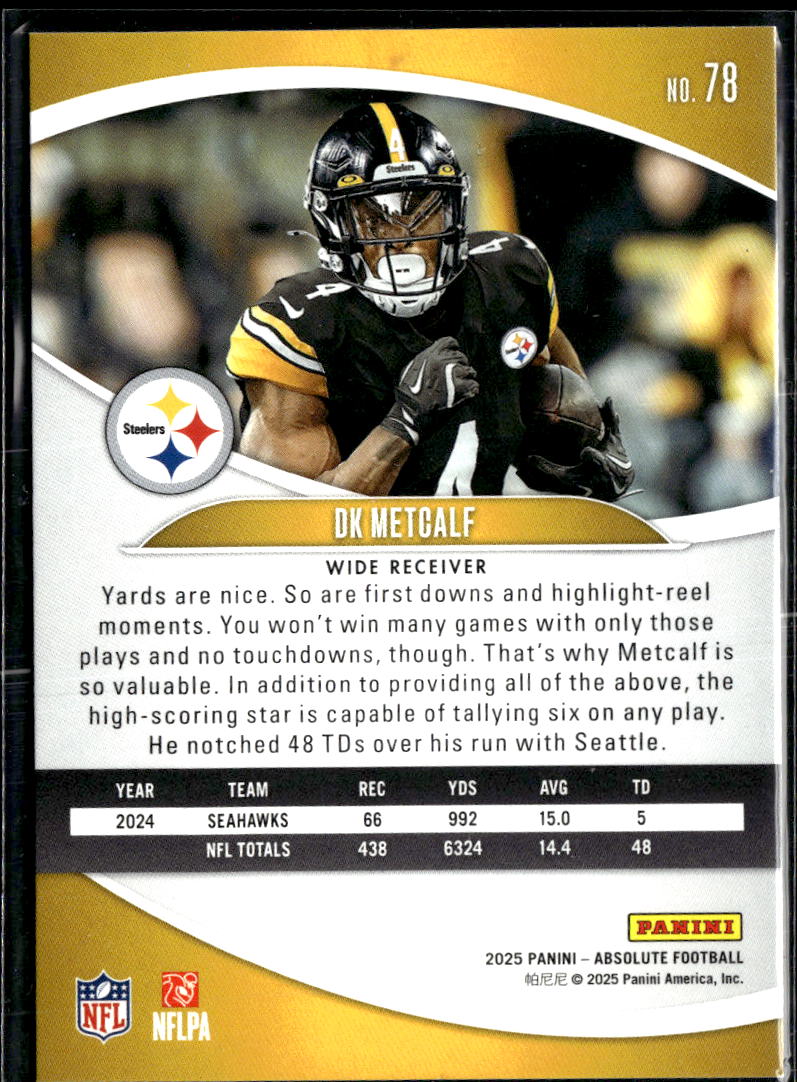 DK Metcalf 2025 Panini Absolute Football Gold Stars /325 Pittsburgh Steelers
