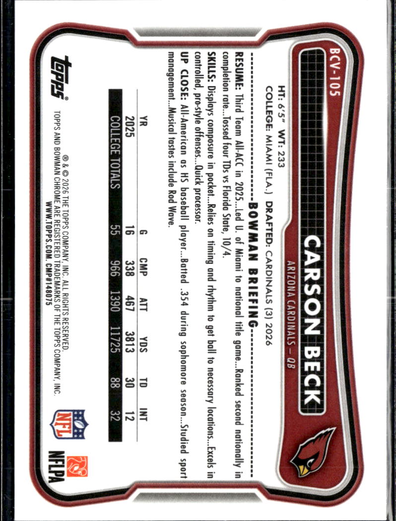 Carson Beck 2026 Bowman Chrome RC Rookie Arizona Cardinals