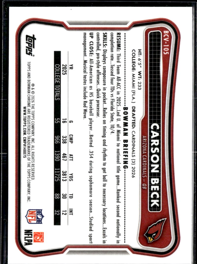 Carson Beck 2026 Bowman Chrome RC Rookie Arizona Cardinals