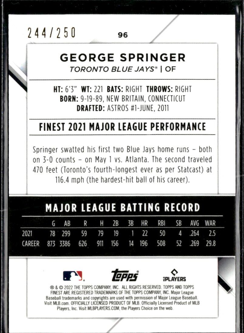 George Springer 2022 Topps Finest Purple /250 Toronto Blue Jays