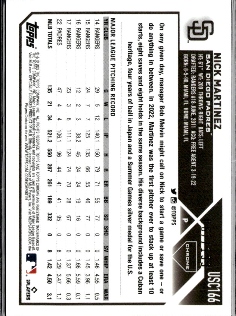 Nick Martinez 2023 Topps Chrome Aqua Refractor /199 San Diego Padres