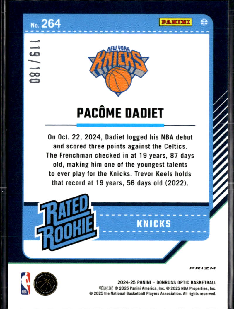 Pacome Dadiet 2024-25 Optic Rated Rookie RC Blue Sparkle /180 New York Knicks