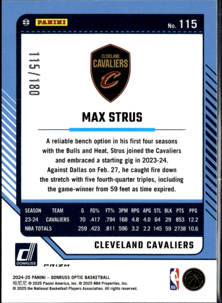 Max Strus 2024-25 Optic Blue Sparkle /180 Cleveland Cavaliers