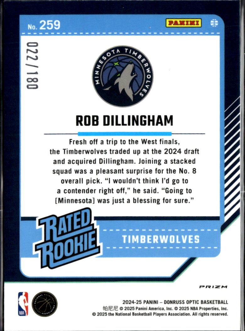 Rob Dillingham 2024-25 Optic Rated Rookie Blue Sparkle /180 Timberwolves
