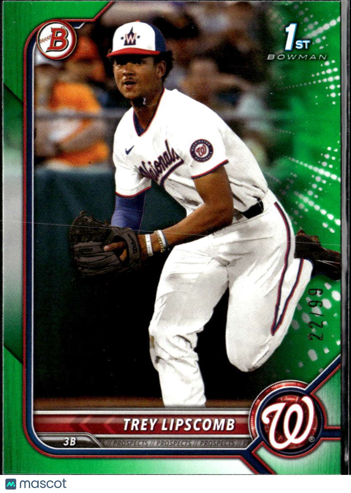 Trey Lipscomb 2022 Bowman Draft 1st Green Border /99 Washington Nationals