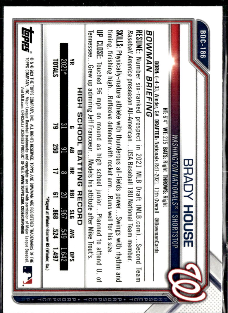 Brady House 2021 Bowman Chrome 1st Black White Raywave Washington Nationals