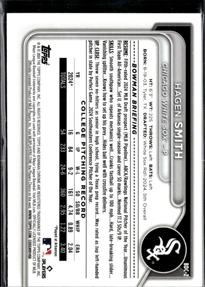 Hagen Smith 2024 Bowman Chrome 1st Lunar Glow Refractor Chicago White Sox