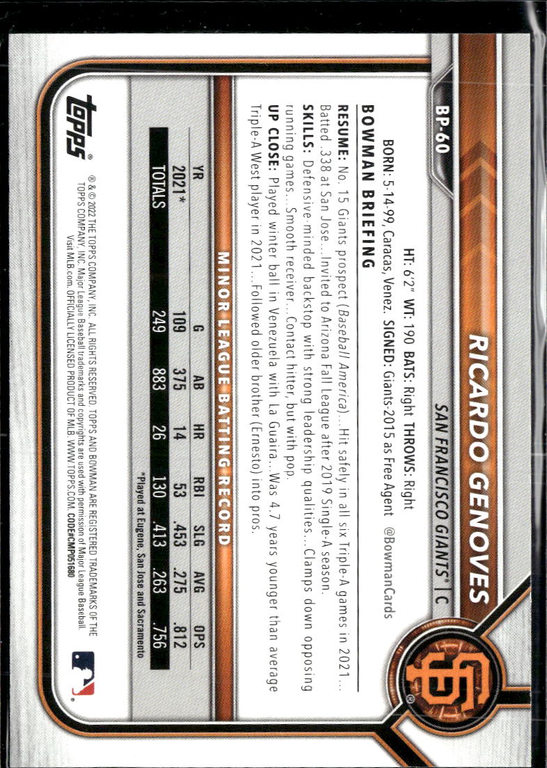 Ricardo Genovés 2022 Bowman 1st Sky Blue /499 San Francisco Giants