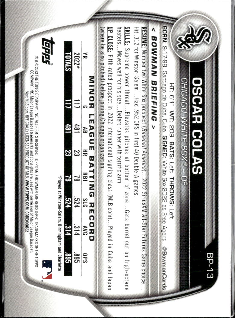 Oscar Colas 2023 Bowman Sky Blue /499 Chicago White Sox