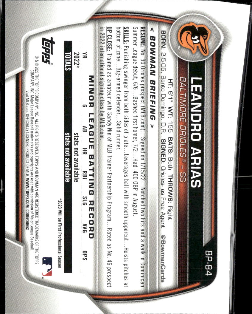 Leandro Arias 2023 Bowman 1st Sky Blue /499 Baltimore Orioles