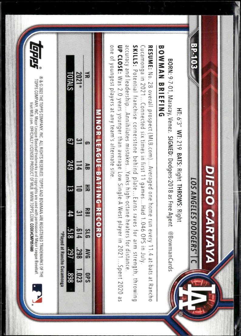 Diego Cartaya 2022 Bowman Sky Blue Border /499 Los Angeles Dodgers