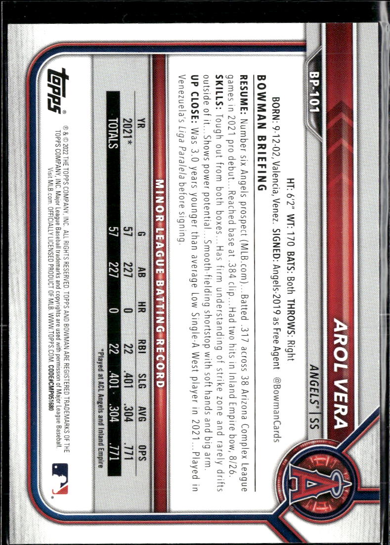 Arol Vera 2022 Bowman Sky Blue /499 Los Angeles Angels