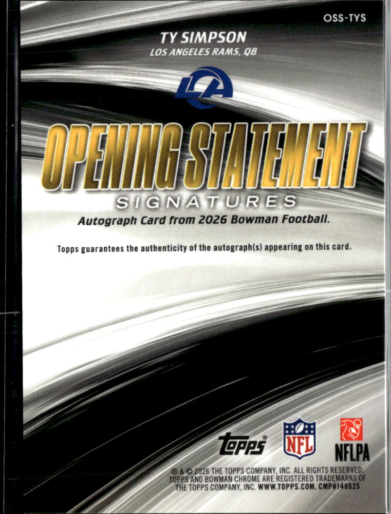 Ty Simpson 2026 Bowman Auto Autograph Rookie RC Los Angeles Rams